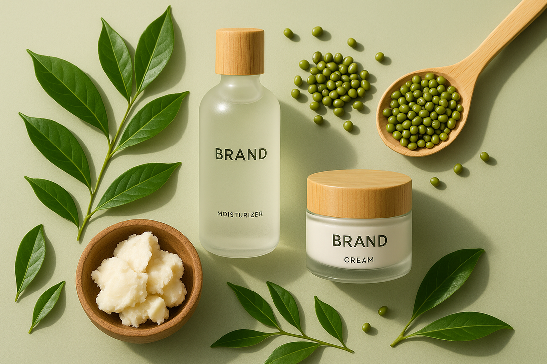 Sustainable skincare ingredients — green tea leaves, mung beans, and shea butter. Arranged beside eco-friendly K-beauty product bottles, jars, and on a soft greenish beige background.