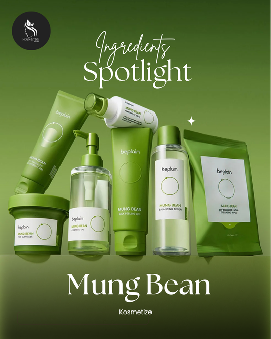 A collections of skincare products, with active organic ingredient; 'mung bean', from Beplain on a green background.