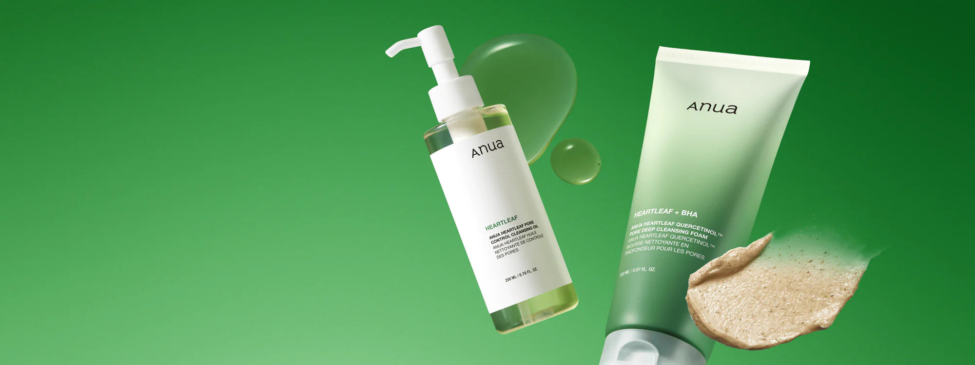 Anua skincare products including a bottle and tube on a green background